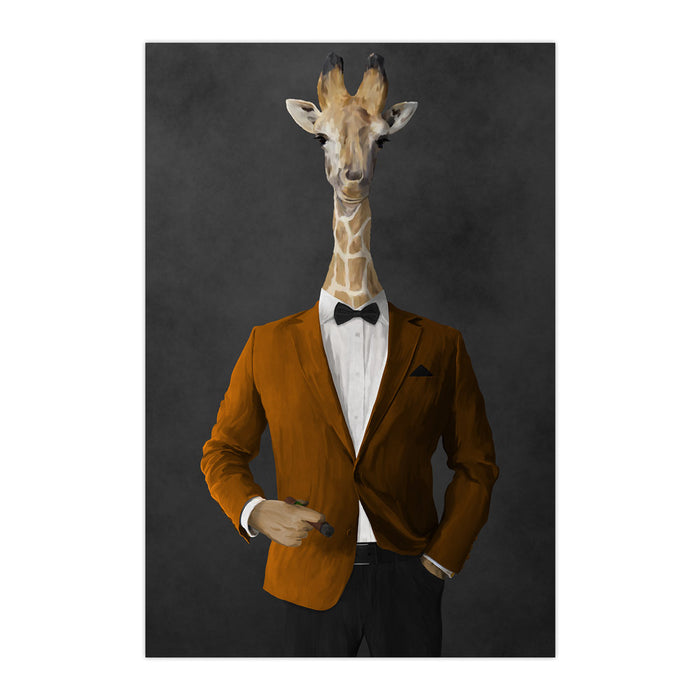 Giraffe smoking cigar wearing orange and black suit large wall art print