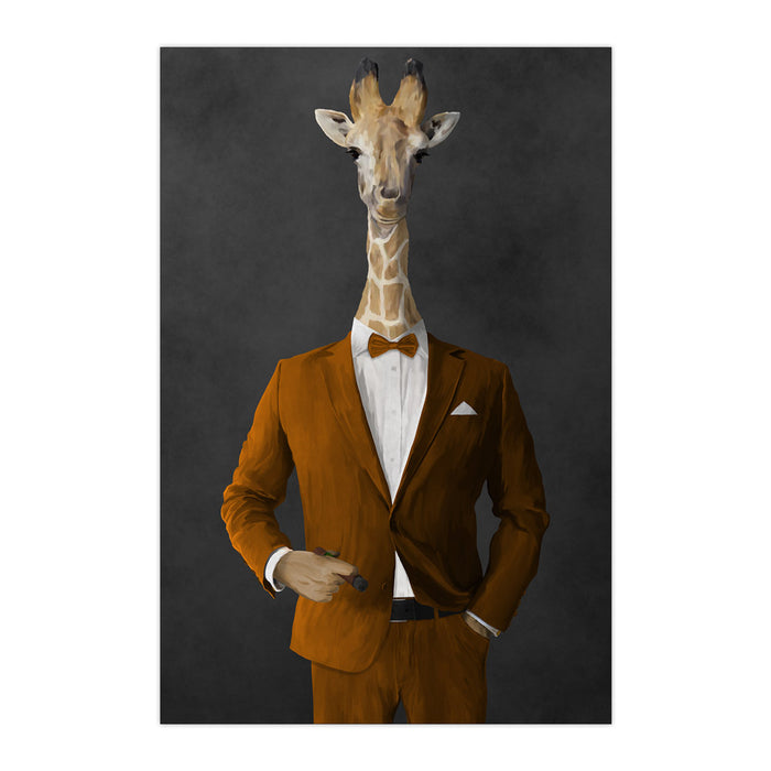 Giraffe smoking cigar wearing orange suit large wall art print