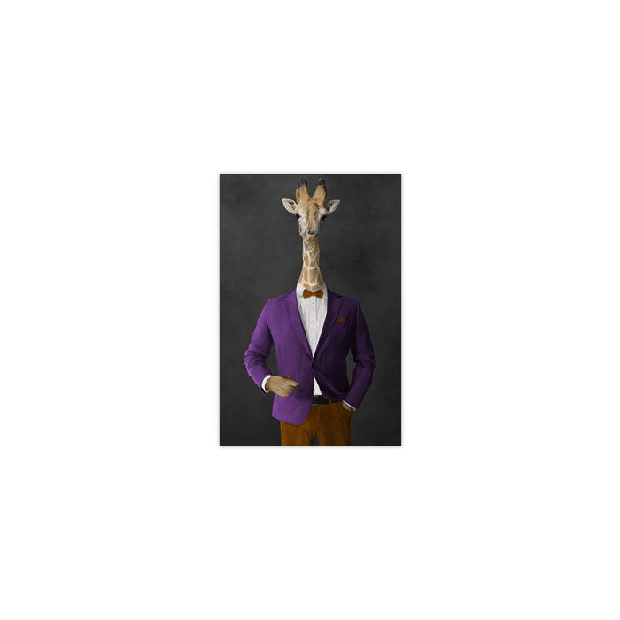 Giraffe smoking cigar wearing purple and orange suit small wall art print
