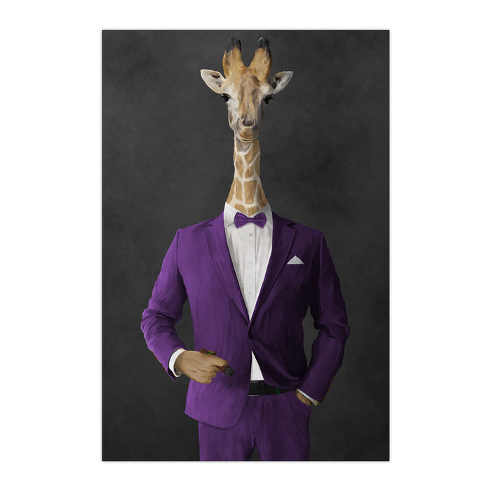 Giraffe smoking cigar wearing purple suit large wall art print