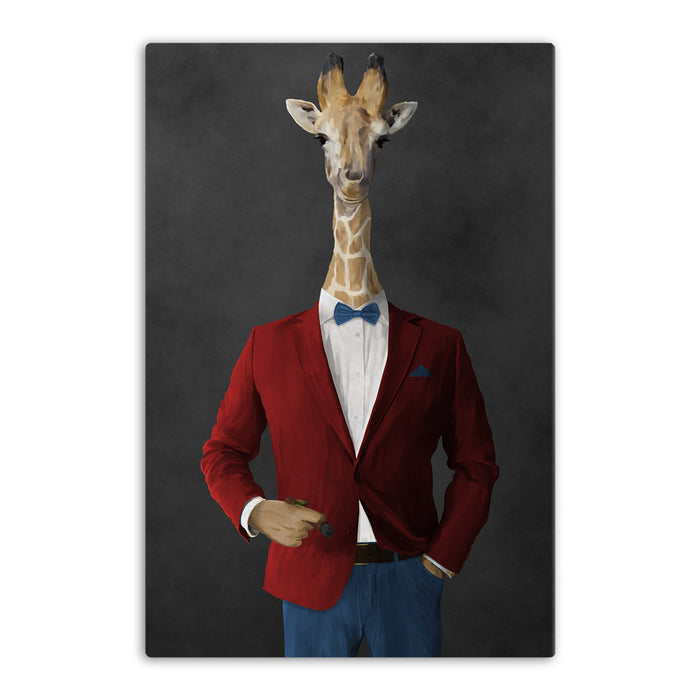 Giraffe smoking cigar wearing red and blue suit canvas wall art