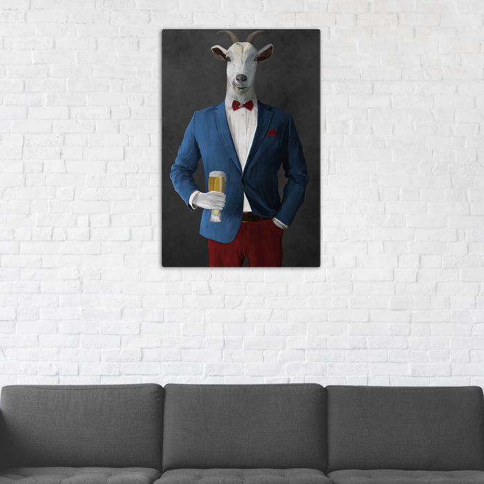 Goat Drinking Beer Art - Blue and Red Suit