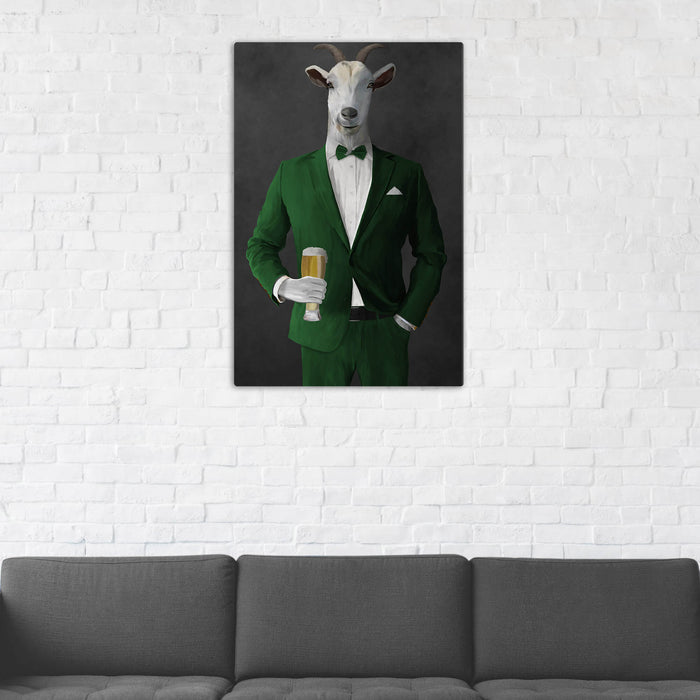 Goat Drinking Beer Art - Green Suit