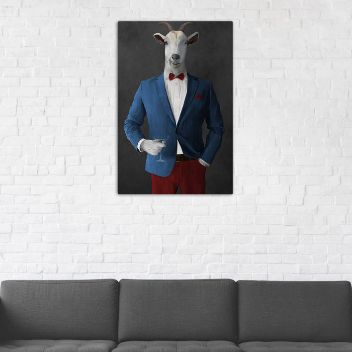 Goat Drinking Martini Art - Blue and Red Suit