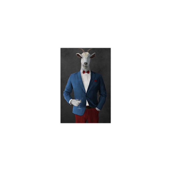 Goat Drinking Martini Art - Blue and Red Suit