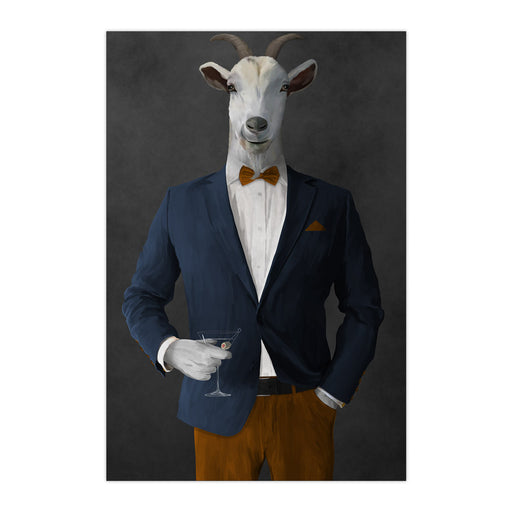 Goat Drinking Martini Art - Navy and Orange Suit