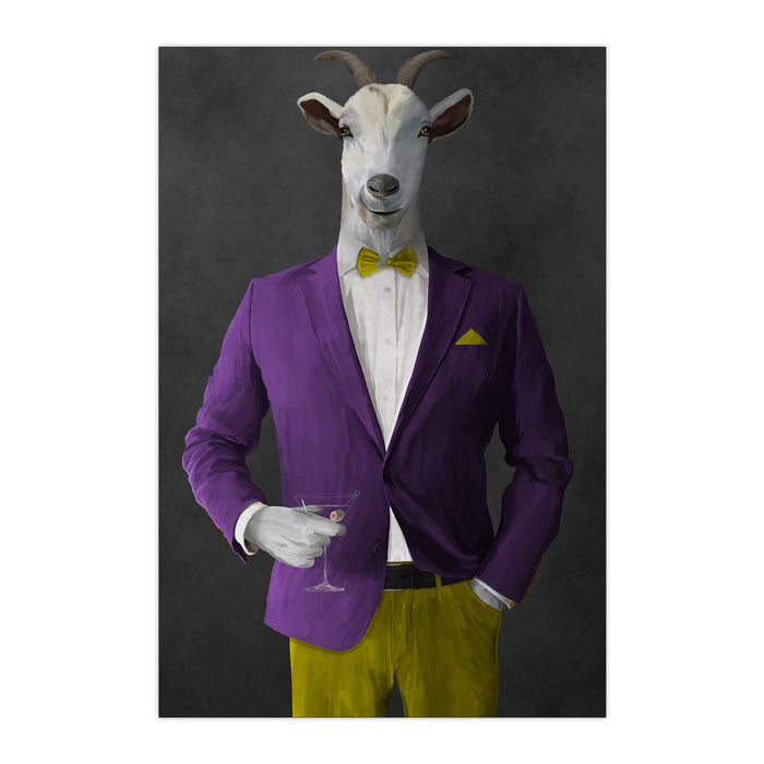 Goat Drinking Martini Art - Purple and Yellow Suit
