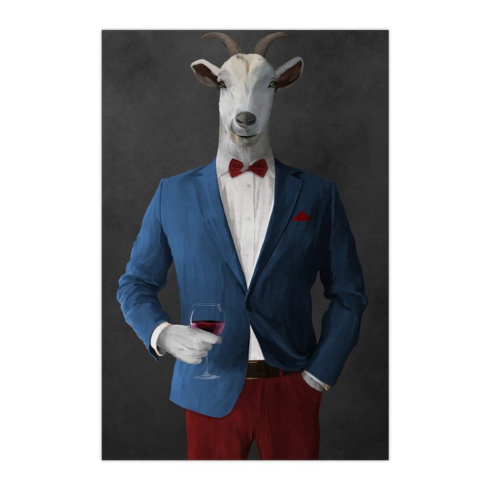 Goat Drinking Red Wine Art - Blue and Red Suit