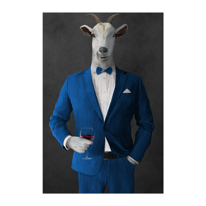 Goat Drinking Red Wine Art - Blue Suit