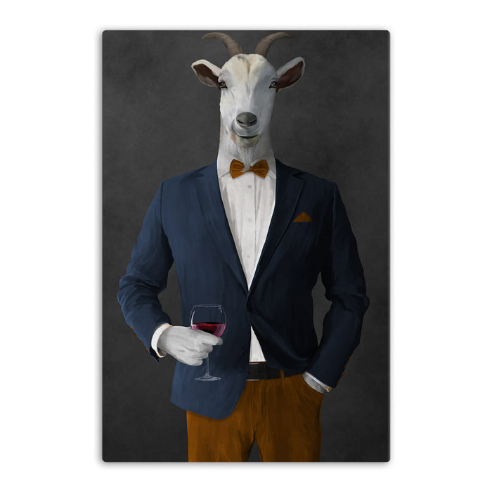 Goat Drinking Red Wine Art - Navy and Orange Suit