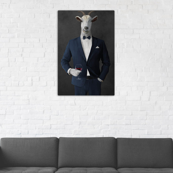 Goat Drinking Red Wine Art - Navy Suit