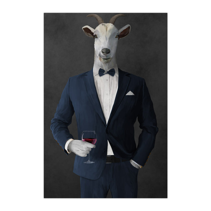 Goat Drinking Red Wine Art - Navy Suit