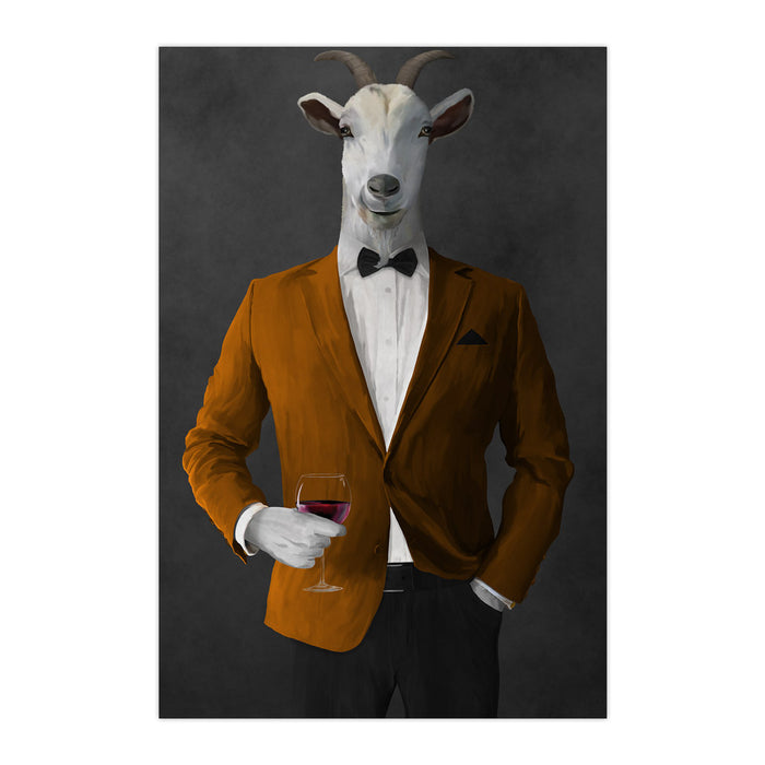 Goat Drinking Red Wine Art - Orange and Black Suit