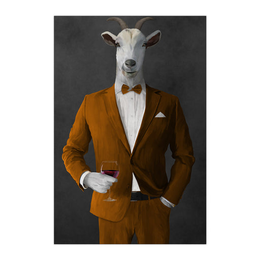 Goat Drinking Red Wine Art - Orange Suit