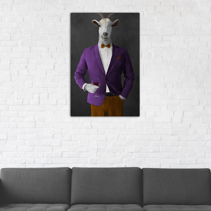 Goat Drinking Red Wine Art - Purple and Orange Suit