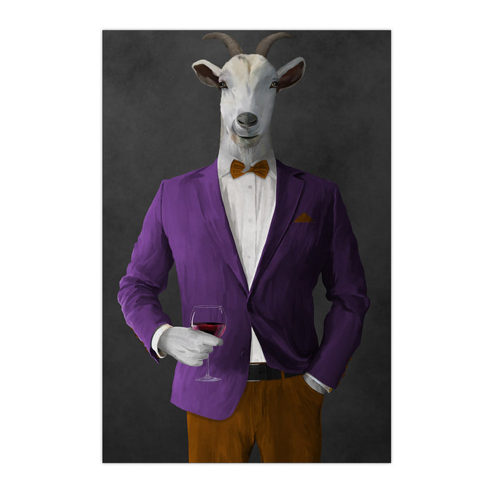 Goat Drinking Red Wine Art - Purple and Orange Suit