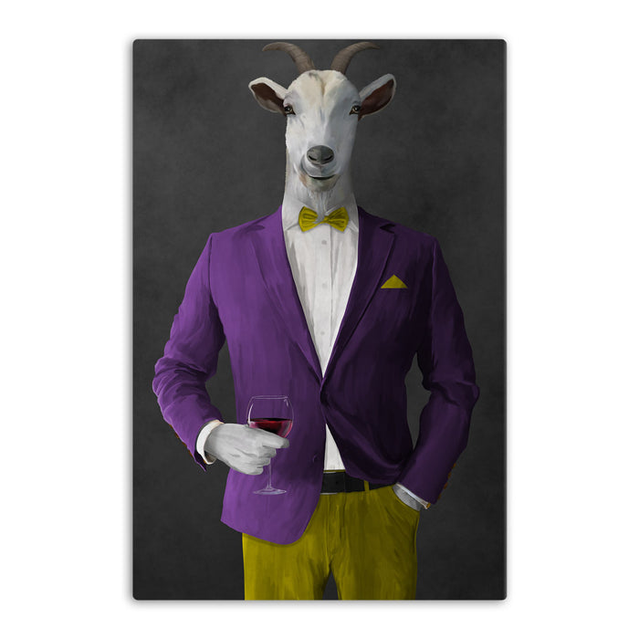 Goat Drinking Red Wine Art - Purple and Yellow Suit