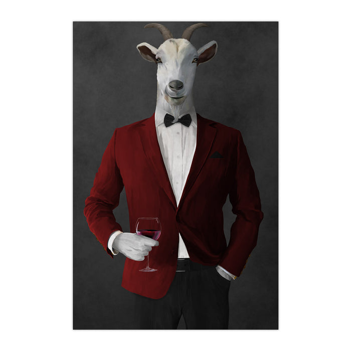 Goat Drinking Red Wine Art - Red and Black Suit