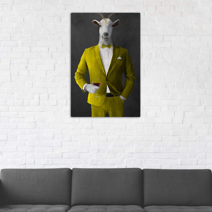 Goat Drinking Red Wine Art - Yellow Suit