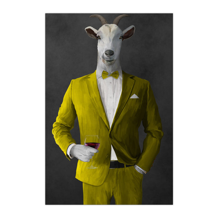 Goat Drinking Red Wine Art - Yellow Suit