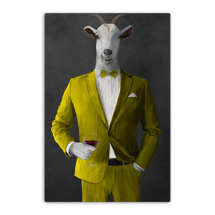 Goat Drinking Red Wine Art - Yellow Suit