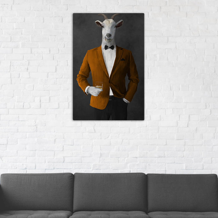 Goat Drinking Whiskey Art - Orange and Black Suit