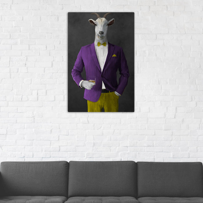 Goat Drinking Whiskey Art - Purple and Yellow Suit