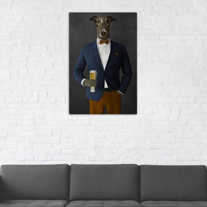 Greyhound Drinking Beer Wall Art - Navy and Orange Suit
