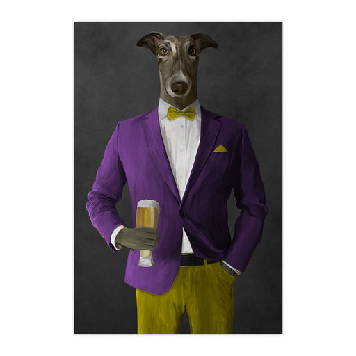 Greyhound Drinking Beer Wall Art - Purple and Yellow Suit