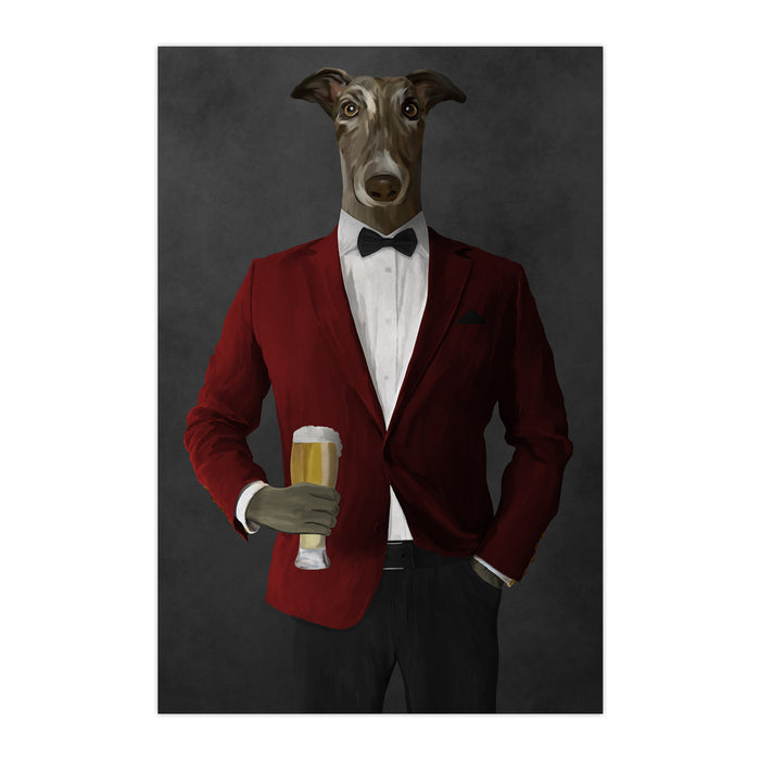 Greyhound Drinking Beer Wall Art - Red and Black Suit