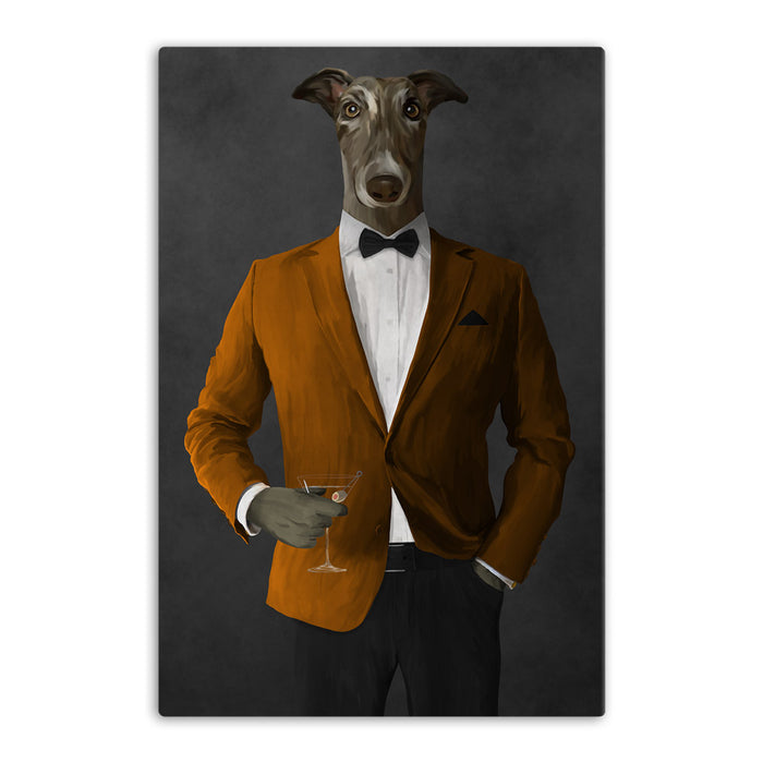 Greyhound Drinking Martini Wall Art - Orange and Black Suit