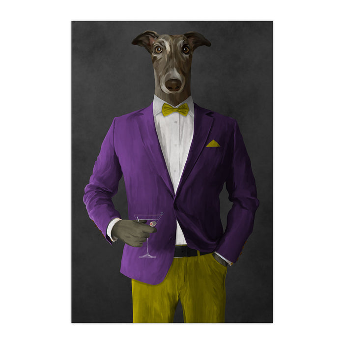 Greyhound Drinking Martini Wall Art - Purple and Yellow Suit
