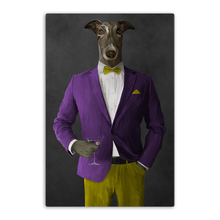 Greyhound Drinking Martini Wall Art - Purple and Yellow Suit