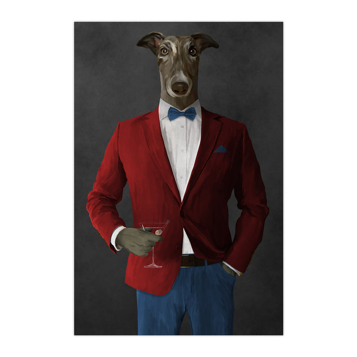 Greyhound Drinking Martini Wall Art - Red and Blue Suit