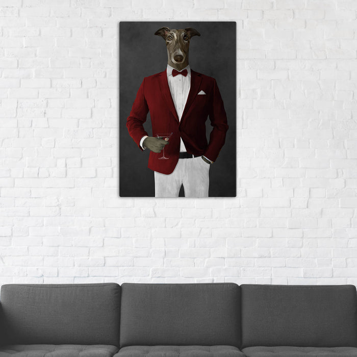 Greyhound Drinking Martini Wall Art - Red and White Suit