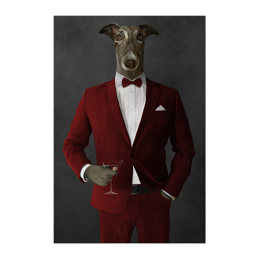 Greyhound Drinking Martini Wall Art - Red Suit