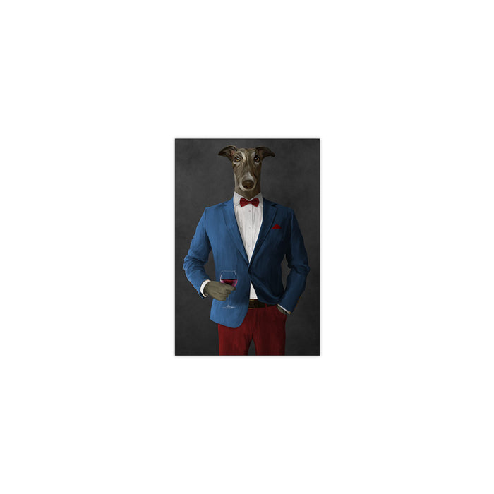 Greyhound Drinking Red Wine Wall Art - Blue and Red Suit