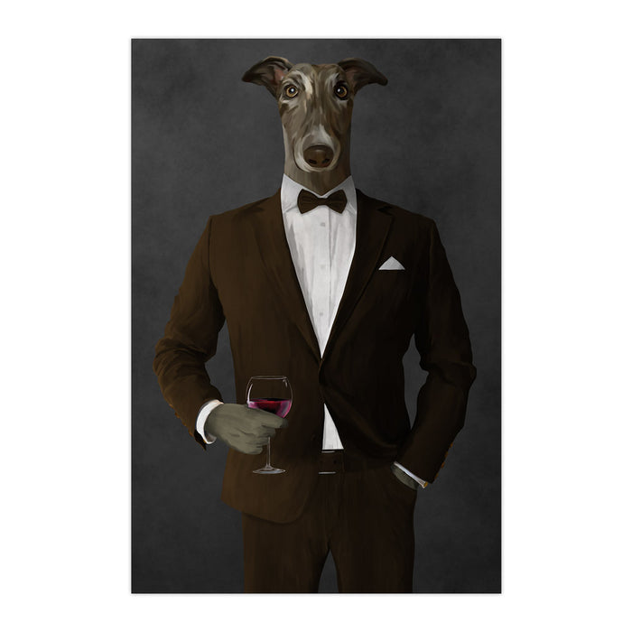Greyhound Drinking Red Wine Wall Art - Brown Suit