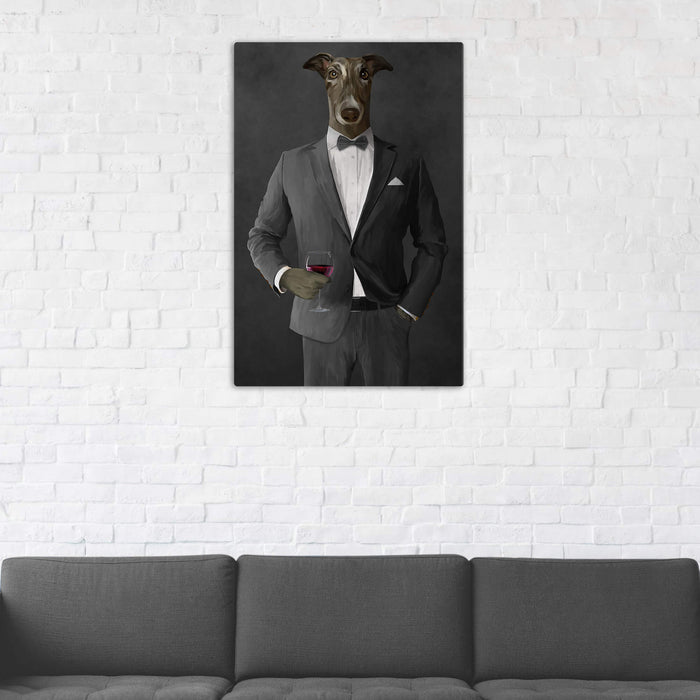 Greyhound Drinking Red Wine Wall Art - Gray Suit