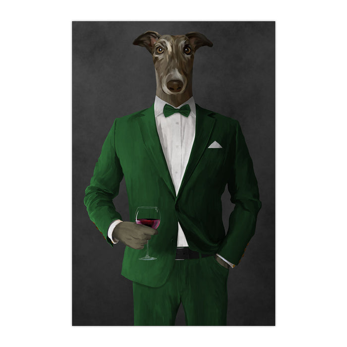 Greyhound Drinking Red Wine Wall Art - Green Suit