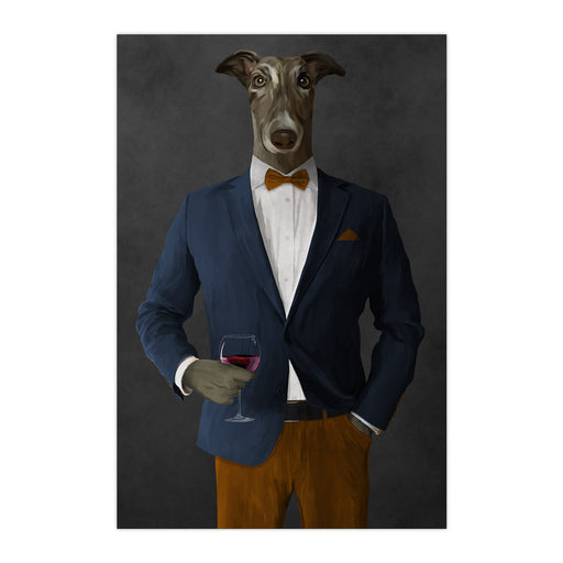 Greyhound Drinking Red Wine Wall Art - Navy and Orange Suit