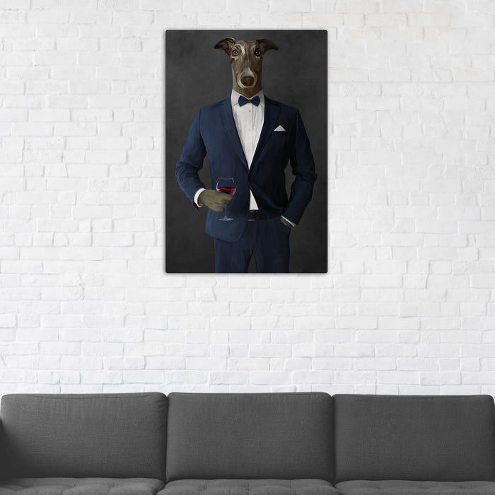 Greyhound Drinking Red Wine Wall Art - Navy Suit