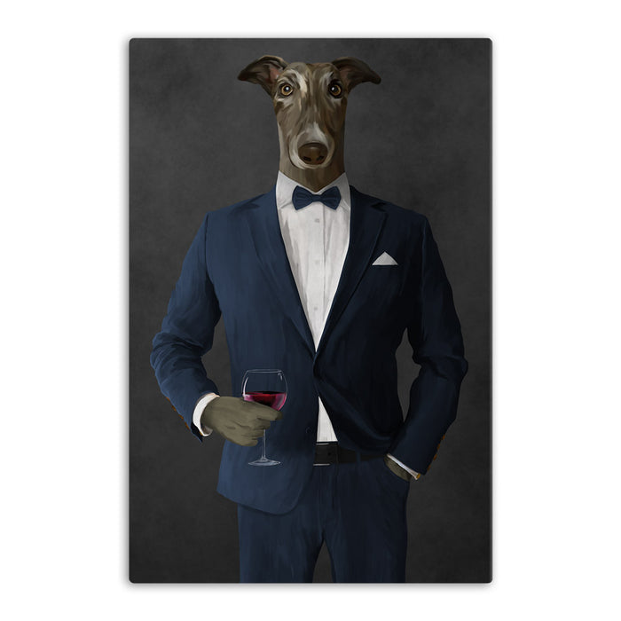 Greyhound Drinking Red Wine Wall Art - Navy Suit