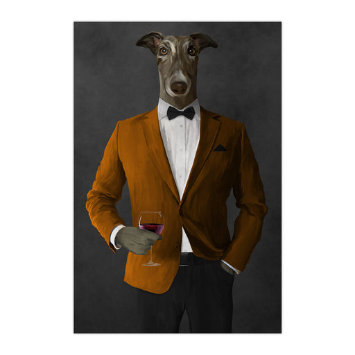Greyhound Drinking Red Wine Wall Art - Orange and Black Suit