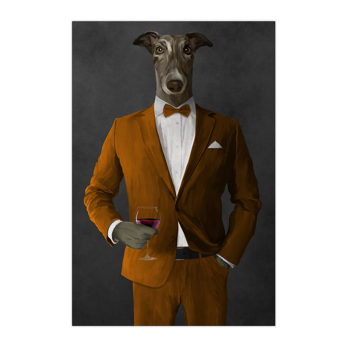 Greyhound Drinking Red Wine Wall Art - Orange Suit