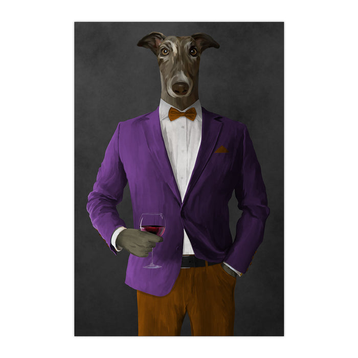 Greyhound Drinking Red Wine Wall Art - Purple and Orange Suit