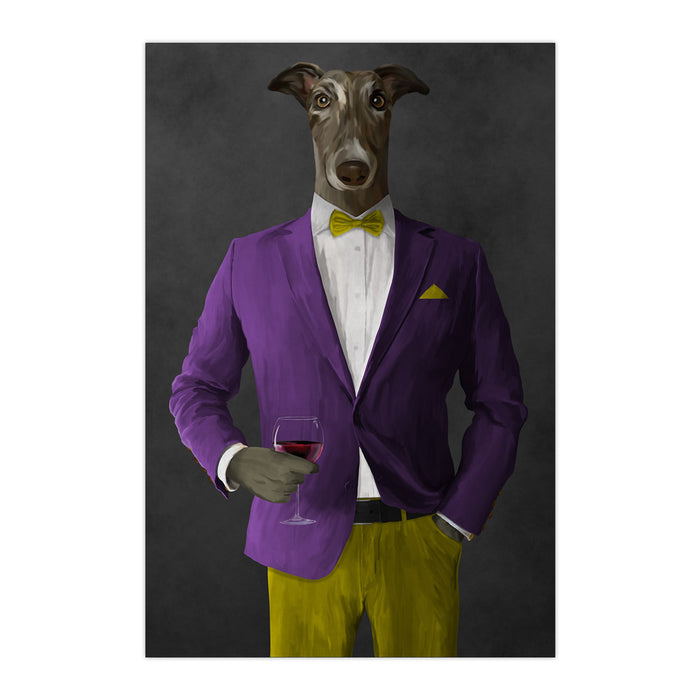 Greyhound Drinking Red Wine Wall Art - Purple and Yellow Suit