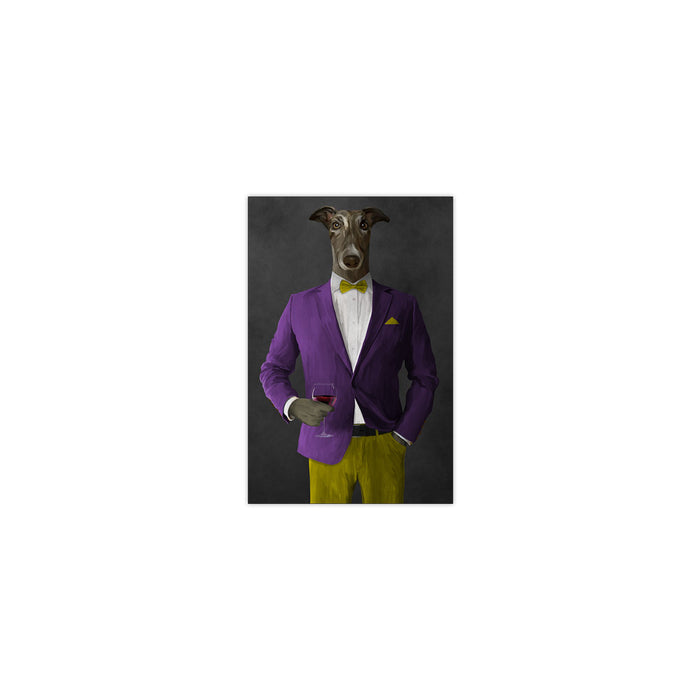 Greyhound Drinking Red Wine Wall Art - Purple and Yellow Suit