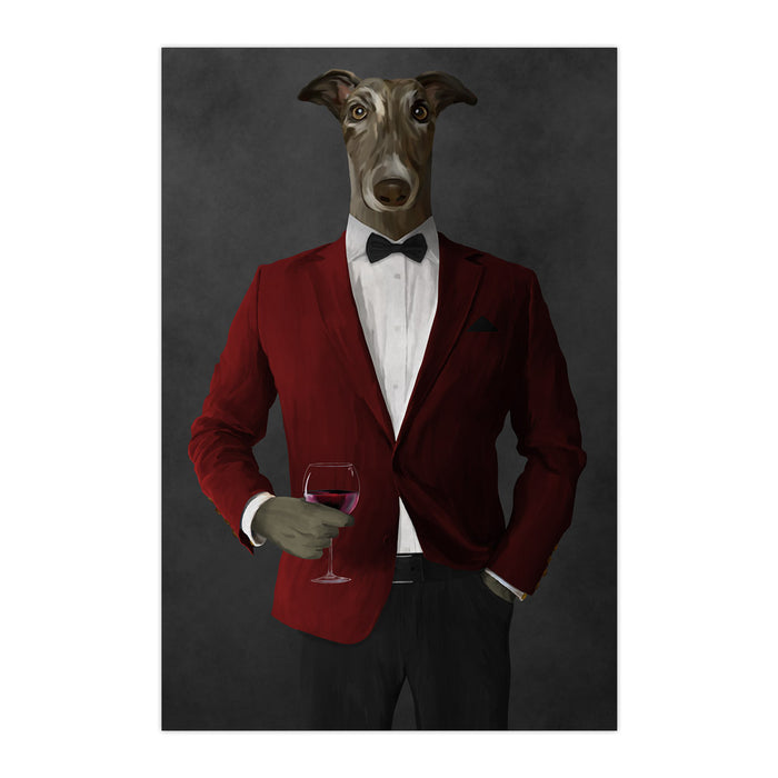 Greyhound Drinking Red Wine Wall Art - Red and Black Suit