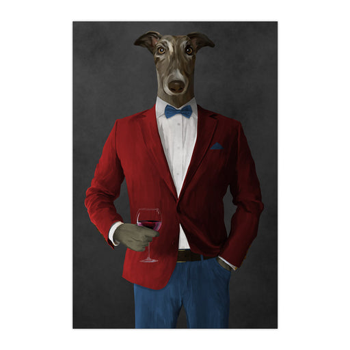 Greyhound Drinking Red Wine Wall Art - Red and Blue Suit